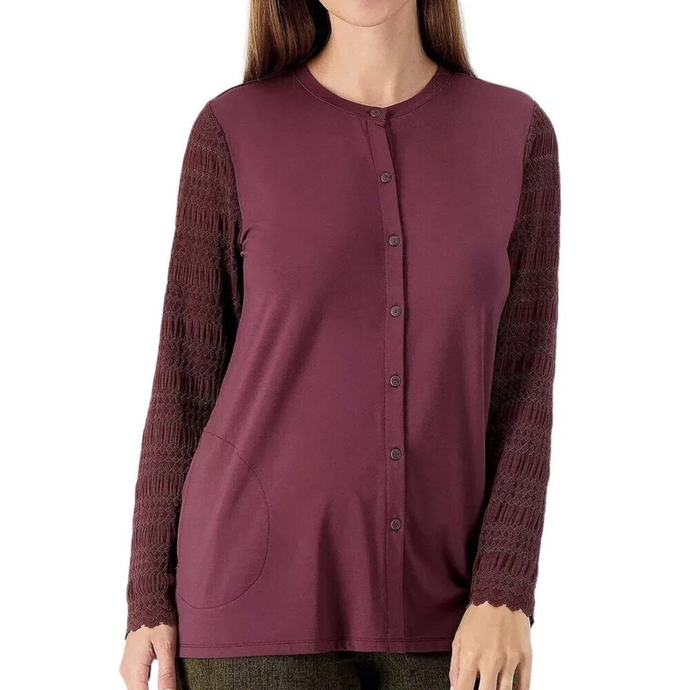 LOGO Lori Goldstein Maroon Lace Back & Sleeves Button Up Cardigan Top Medium